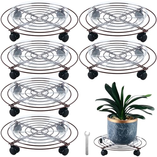 6 Packs Large Metal Plant Caddy with Wheels 14" Rolling Plant Stands Heavy-duty Wrought Iron Plant Roller Base Pot Movers Plant Saucer on Wheels Bronze - color: Bronze, size: 13.6 inches