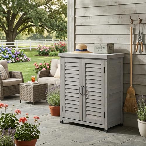 Solid Wood Patio Storage Cabinet with Metal Top - color: Grey - 31.50 X 17.00 X 36.00 Inch