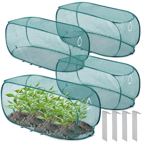 Threehoney 4 Pcs 45'' x 20'' x 18'' Pop up Garden Mesh Plant Cover Outdoor Plant Protector Garden Row Raised Bed Cover with Ground Nails Crop Cage Net for Seedlings Vegetable Fruit Herbs (Dark Green) - color: Dark Green, size: 45'' x 22'' x 16''