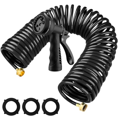 Pangda Expandable Coil Garden Hose 25 ft with Spray Nozzle, Black - color: Black, size: 25 Ft