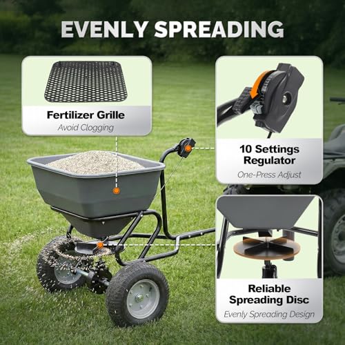 VINGLI 110lbs Fertilizer Spreader Tow-Behind with 10 Adjustable Drop Rate, with 11.4" Tire for Multi-Terrain, Broadcast Spreader for Lawn Care & Seed Spreading