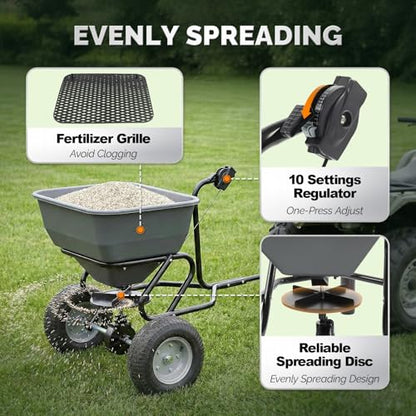 VINGLI 110lbs Fertilizer Spreader Tow-Behind with 10 Adjustable Drop Rate, with 11.4" Tire for Multi-Terrain, Broadcast Spreader for Lawn Care & Seed Spreading