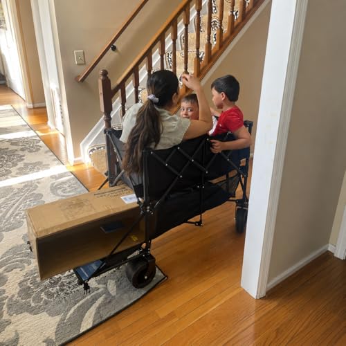 700L Large Capacity Double Decker Wagon Collapsible Wagon with Tailgate 55'' Extra Long, Foldable 600lbs Heavy Duty Beach Cart with All-Terrain Big Wheels,Utility Carts, Sports,Outdoor,Shoping Cart - color: Black