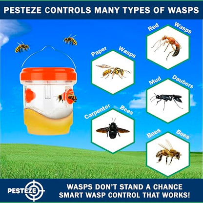 PESTEZE USA 2 Pack Reusable Solar Hanging Wasp Trap with LED Light [Orange, 3.5×4.4 in]–Attracts & Stop Wasps, Hornets, Yellow Jackets & Flying Insects Safely, Waterproof Outdoor Trap