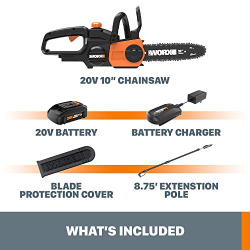 WORX Cordless Chainsaw, 20V 10" 2-in-1 Pole Saw with Auto-Tension, WG323
