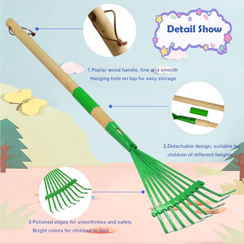 Kids Leaf Rake-Small Wooden Handle Leaf Rake with Metal Tines, 27inches /69cm Length, for Kids Enjoy Garden Cleaning Activities (Green) - color: Green
