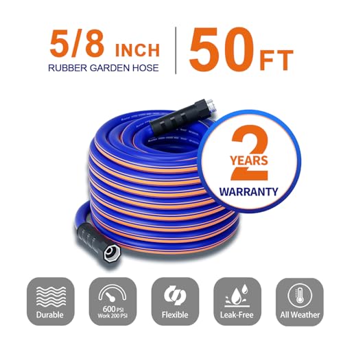 garden hose 50 ft x 5/8Inch, Hybrid Rubber 50 ft water hose, Durable, Anti-UV, Sturdy, No-Leakage, Lightweight, Flexible, Heavy Duty garden hoses with Swivel Handle - size: 50FT Male to Female