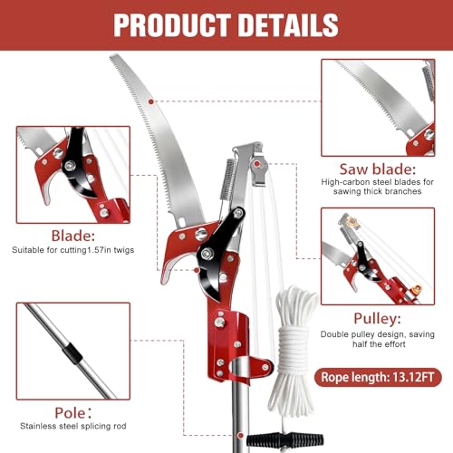Pole Saw for Tree Trimming,Long Handle Branch Cutter Pole,Manual Pole Cutter for Yard Garden Patios Trees Branches Cutting (Red)