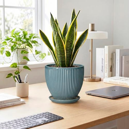 Ceramic Planter, 8 Inch Plant Pot Indoor with Saucer, Glaze Blue - color: Glaze Blue, size: 8 Inch