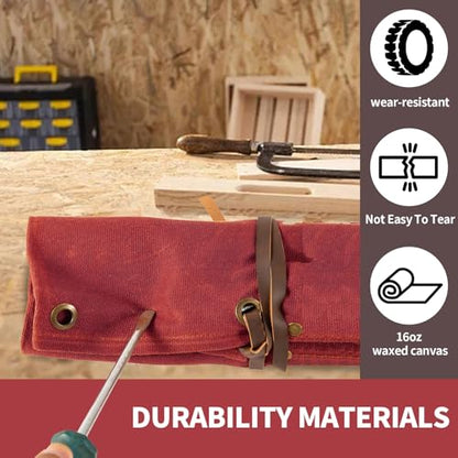 Chisel Roll, 6 Pockets Roll Up Tool Pouch, Waxed Canvas Small Tool Roll - color: Red