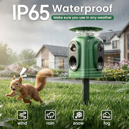 360° Solar Ultrasonic Animal Repellent Outdoor, Deer Repellent Devices, IP65 Waterproof Cat Deterrent for Yard, Effective Repel Squirrel, Rabbit, Dog - Green