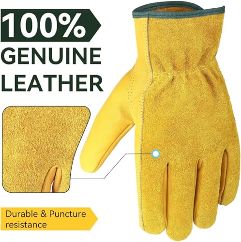 OZERO Cowhide Leather Work Gloves, Gardening, Flex Grip, 3 Pairs, Gold, L - color: Gold(3 Pair), size: Large
