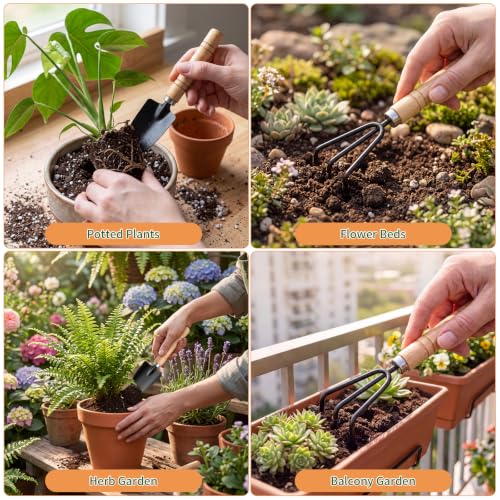 3 Pcs Mini Garden Tool Set with Small Trowel, Mini Shovel & Hand Rake - color: natural wood-3pcs