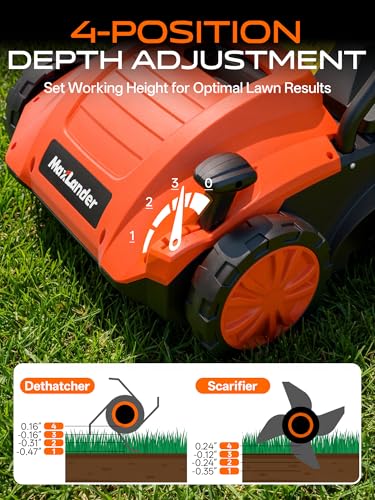 MAXLANDER 13 Inch Electric Dethatcher and Scarifier, 12 Amp Lawn Dethatcher with 4-Position Depth Adjustment, 30L Thatch Bag, 2-in-1 Walk Behind for Lawn Garden Care Removing Thatch - color: Orange/Black