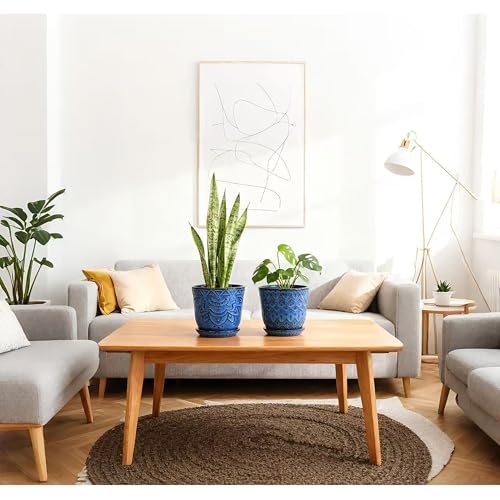 Gepege Ceramic Plant Pots, 6 Inch Indoor Planters with Drainage & Saucers - color: Blue-c, size: 6 Inch - Set of 2