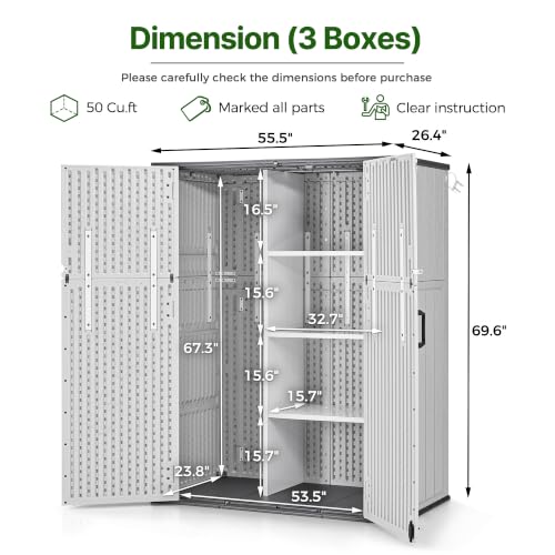 Macrout 50 Cu.Ft Plastic Outdoor Storage Cabinet with Shelves, 4.5 x 2 ft Waterproof Resin Outdoor Storage Shed with Floor, Lockable Vertical Shed for Garden and Patio ST2269 - size: Medium