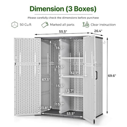 Macrout 50 Cu.Ft Plastic Outdoor Storage Cabinet with Shelves, 4.5 x 2 ft Waterproof Resin Outdoor Storage Shed with Floor, Lockable Vertical Shed for Garden and Patio ST2269 - size: Medium