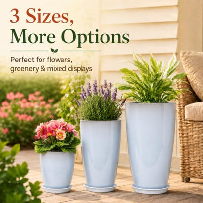 Neoaider Set of 3 Tall Planter, 24/21/12in Large Plastic Planter, WhiteJade - color: White Jade