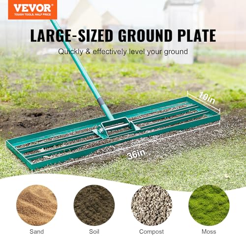 VEVOR Lawn Leveling Rake, 36“ x10 Level Lawn Tool, Heavy-Duty Lawn Leveler with 78"" Steel Extended Handle, Yard Leveling Rake Suit for Garden, Golf Lawn, Farm, Green - size: 36x10 in, style: Classic: Alloy