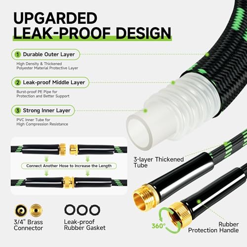 Garden Hose 100 ft Flexible Water Hose Non-Expanding Lightweight Kink-Free Hoses Durable Leak-Proof High Pressure Pipe with 3/4” Brass Fitting 10 Function Nozzle for Outdoor Yard Lawn Car Wash - size: 100FT