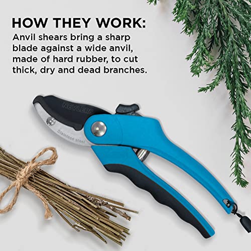 Nevlers 8" Blue Anvil Pruning Shears Heavy Duty Branch Cutter w/8mm Cut Cap - color: Blue, size: Anvil
