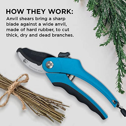 Nevlers 8" Blue Anvil Pruning Shears Heavy Duty Branch Cutter w/8mm Cut Cap - color: Blue, size: Anvil