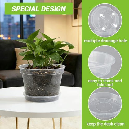 Garvee 12 Pack 8 in Clear Nursery Pots for Plants with Saucers, Thickened Plastic Plant Pots with Drainage Holes, Transparent Seeding Start Planters for Indoor Outdoor