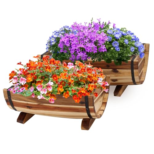 Solid Acacia Wood Half Barrel Planters Outdoor Set of 2 Different Sizes, Wooden Planters for Outdoor Plants with Metal Bands & Drainage Holes, Legs Included, Natural - color: Natural_half Barrel Planter Pots_pack 2