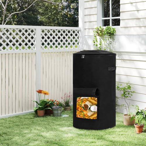 Compost Bins Outdoor, 34 Gallon Home Compost Bucket with Handles, Heavy Duty Nonwoven Fabric Yard Waste Bag, Collapsible Felt Pouch for Leaves, Grass, and Kitchen Scraps