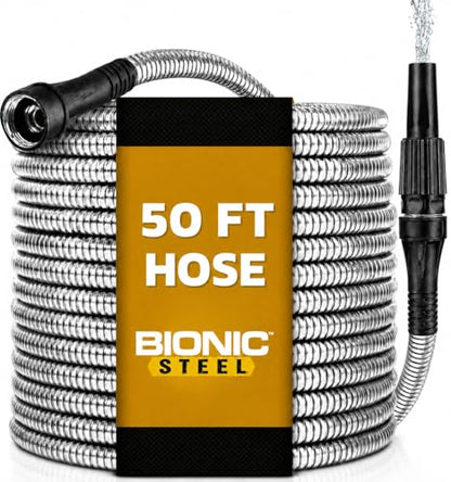 BIONIC STEEL 50 Ft Metal Garden Hose with Sprayer Nozzle - size: 50'