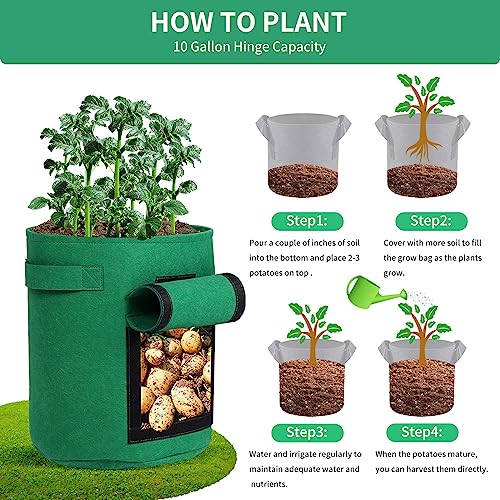 5-Pack 10 Gallon Grow Bags with Harvest Window - Thickened Fabric Plant Pots for Vegetables, Potato, Tomatoes & Carrots | Indoor/Outdoor Gardening Containers with Reinforced Handles Green - size: 10GAL-GRN