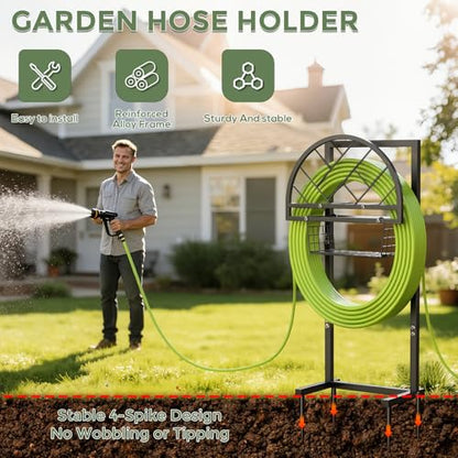 Garden Hose Holder Heavy Duty Water Hose Holder with Storage Basket,Holds Up to 165FT Hose, Freestanding Outdoor Hose Hanger with 4 Spikes Sturdy Hose Stand, for Outside Yard Lawn Patio - color: All Black
