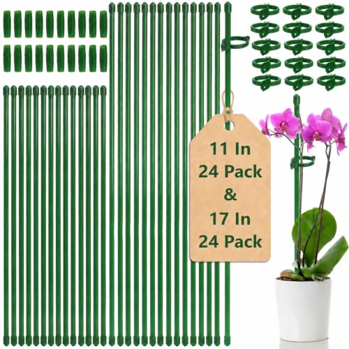 Coloch 48 Pack Plant Support Stakes, 11 Inch&17 Inch Height Adjustable Garden Plant Stake Orchid Sticks with 48 Clips and 24 Links Potted Plant Support for Orchid, Amaryllis, Tomato, Indoor&Outdoor