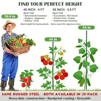 FORUP Garden Stakes, 25 Pack Steel Plant Stakes with Plastic Coating for Climbing Plants, Tomato Eggplant Bean Support, Rust-Resistant Outdoor Garden Stakes (48 Inch)
