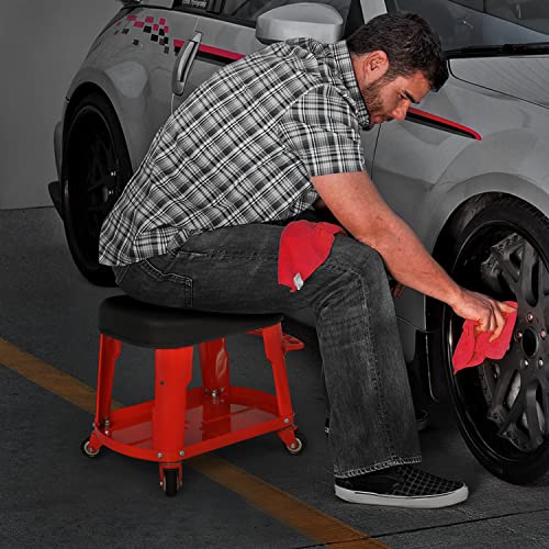 M-AUTO Heavy Duty Garage Rolling Work Seat 300LBS Capacity Mechanics Stool with Wheels, Equipment Tray and Tool Rack, Rectangle Mechanic Roll Chair, Red, (M-AUTO A03-RS-004-RD) - color: Red