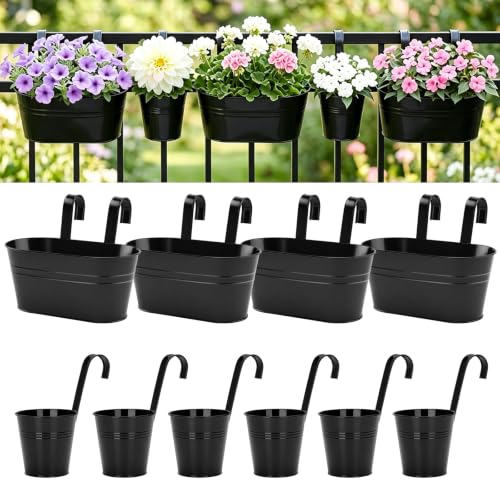 KINGLAKE Flower Pots,10 Pcs Metal Iron Hanging Flower Plant Pot Balcony Garden Plant Planter Baskets Fence Bucket Pots 10.6" & 5.1" Flower Holders with Detachable Hook Black - color: Black, size: 10.8 Inch and 5.1 Inch