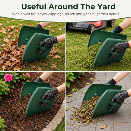 Leaf Scoops and Claws with Gardening Gloves, Large Lightweight Plastic Hand Rakes Yard Grabber for Lawn Clippings, Grass & Trash Pick Up, Ergonomic Adjustable Handles(Green) - color: Green