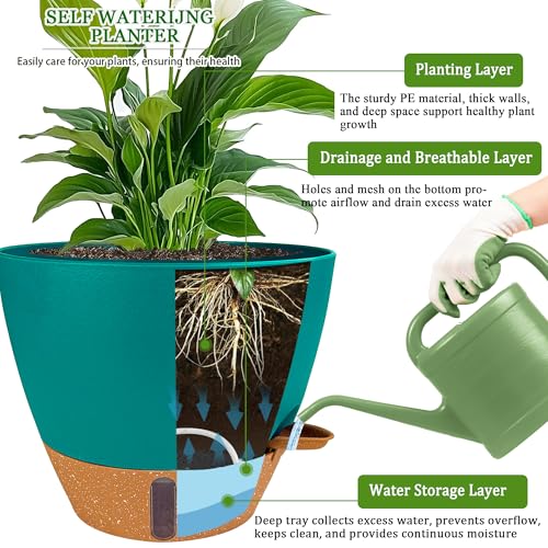 2 Pack 10 inch Plant Pots, Plastic Self Watering Planters - color: Turquoise, size: 10 inch