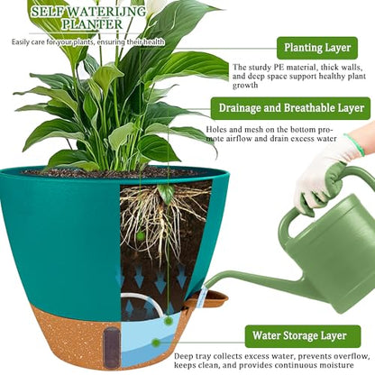 2 Pack 10 inch Plant Pots, Plastic Self Watering Planters - color: Turquoise, size: 10 inch