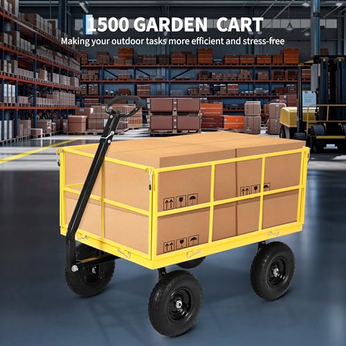1500 Lbs Heavy Duty Garden Utility Wagon Cart, 3-in-1 Steel Yard Trailer with Removable Mesh Sides, 13" All-Terrain Tires, 180° Swivel Handle for Garden, Farm & Lawn - color: Yellow
