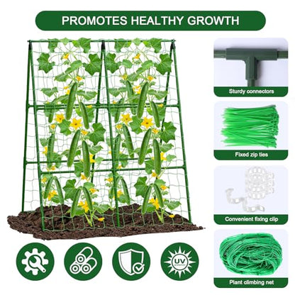 2PCS 33"x47" A-Frame Cucumber Trellis, Metal Plant Support with Net - size: 33"x47"-2pcs