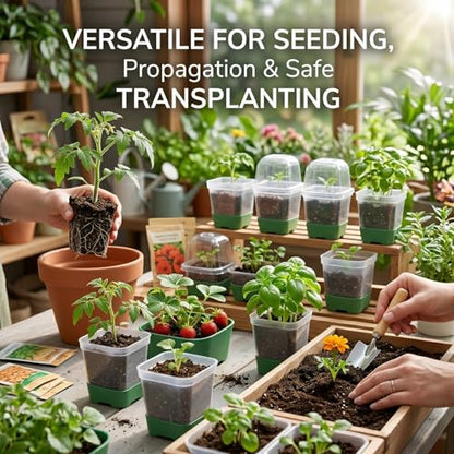 12 Pack 3.2 Inch Square Nursery Pots - Clear Seed Starter Pots, Reusable Seedling Pots with Silicone Base - Clear Plastic