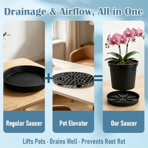 Plant Saucers 10.5 Inch 5 Pack, Black Elevated Plant Tray with Raised Base - size: 10.5INCH-5P