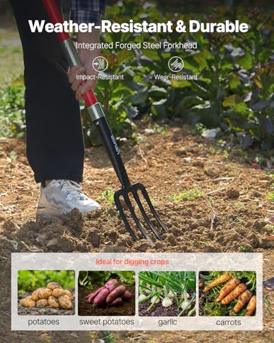 VEVOR Garden Fork, 4-Tine Gardening Pitchfork with Fiberglass Handle, 45 in Heavy Duty Digging Fork with Y Grip, Forged Steel Spading Fork for Hay Potato Composting Transplanting Aeration - size: 4-Tine, style: Fiberglass Handle & Steel Fork
