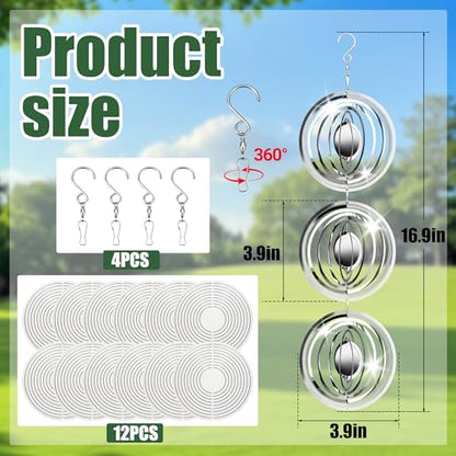 12 PCS Bird Deterrents for Outside Stainless Steel Wind Spinners 3D High Reflective Mirror Bird Reflectors to Keep Woodpeckers Swallows Sparrow Away from Garden Yard Porch Orchard