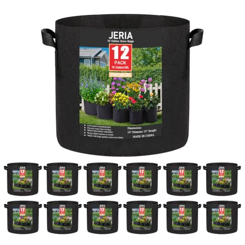 JERIA 12-Pack 10 Gallon Grow Bags, 300G Thickened Nonwoven Garden Pots,Heavy Duty Fabric Pots with Reinforced Handles - size: 10 Gallons