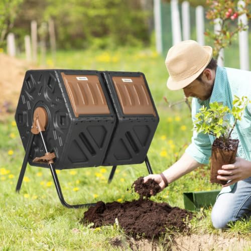 Outdoor Dual Chamber Compost Tumbler Bin with Steel Frame and 4 Ventilation Openings for Garden, Park, Kitchen, Composter with 2 Sliding Doors for Lawn, Backyard