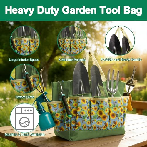 Garden Tool Set, 9 Pcs Heavy Duty Stainless Steel Gardening Hand Tool, Yellow Garden Tool Bag Kit, Gardening Supplies Gifts for Women Men Mom Dad Gardener Beginner - color: Green-White Flower