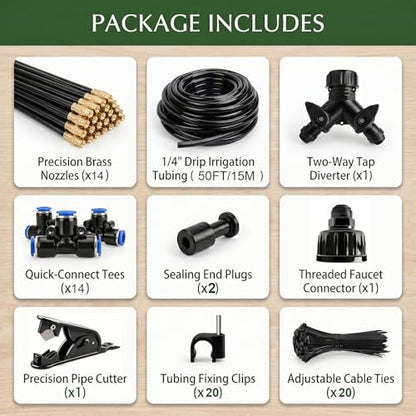 2026-Upgrade 100Ft 1/4" Drip Irrigation System,Garden Watering Kit with 20Pcs 360° Adjustable Copper Nozzles,Automatic Atomizing Sprinkler,DIY for Outdoor,Lawn,Greenhouse,Raised Beds (50FT/14pcs) - size: 50FT/14pcs