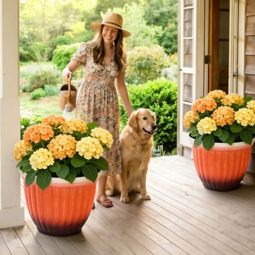 Autodaya 15" Large Planters For Outdoor Plants Set Of 2 Plastic Flower Pots - color: 15"-gradient Orange With Ivory Rim